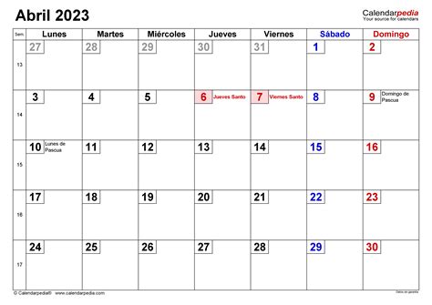 Calendario Abril 2023 En Word Excel Y Pdf Calendarpedia