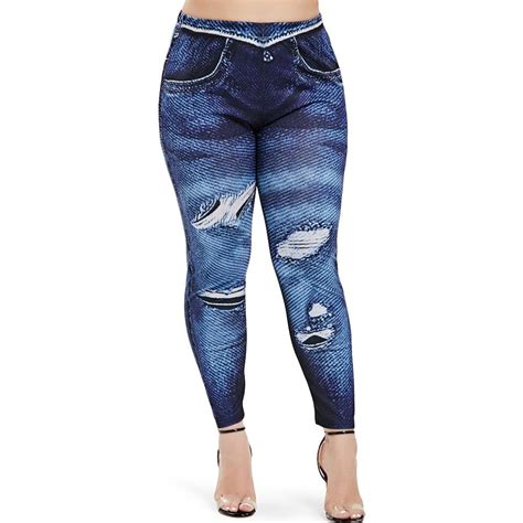 Lady Plus Size High Waist D Print Leggings Denim Dark Blue