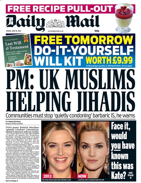 Fridays Daily Mail Front Page Pm Uk Muslims Helping Jihadis
