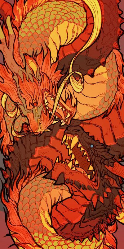 Two Red And Yellow Dragon Like Creatures With Large Sharp Fangs On