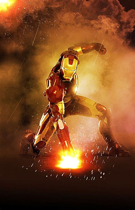 An Iron Man Standing In Front Of A Fire