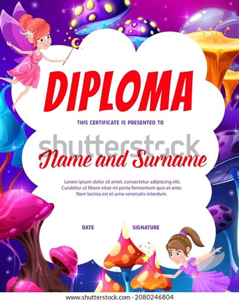 Kids Diploma Cartoon Fairies Magic Mushrooms Stock Vector Royalty Free