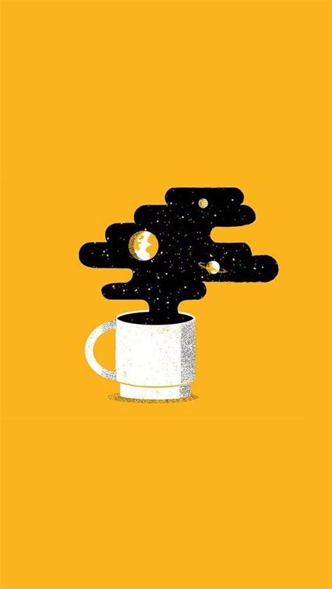 A Coffee Cup With Black Clouds Coming Out Of It On An Orange And Yellow