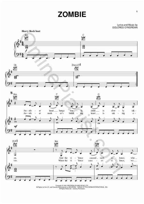 Piano Sheet Music Zombie Cranberries