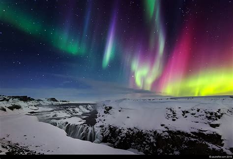 Iceland Aurora Borealis Northern Lights Gullfoss Waterfall Winter 2016