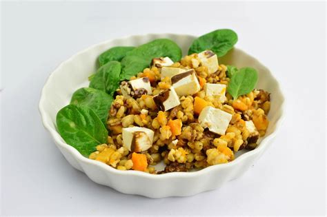 Close Up Food Photo Of Pearl Barley With Feta Cheese And Spinach In A