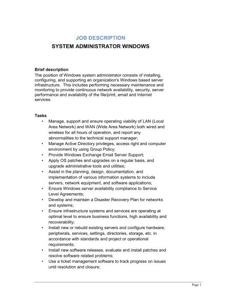 system administrator windows job description template