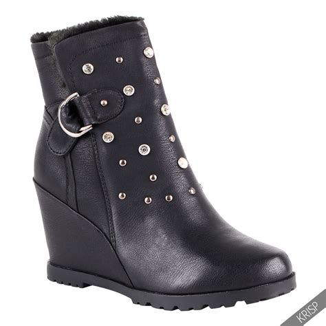 Women Fur Lined Studded Wedge Ankle Boots High Heel Ladies Winter Shoes