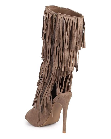 Qupid DF Women Suede Layered Fringe Peep Toe Stiletto Boot Visit The Image Link More