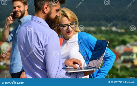 Colleagues With Laptop Work Outdoor Sunny Day Nature Background Business Partners Meeting Non