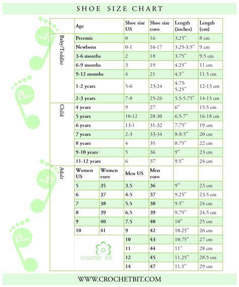 Knit And Crochet Size Charts