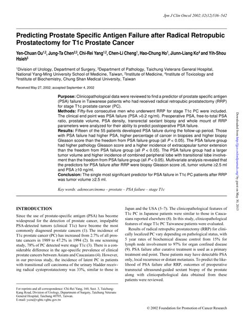 Pdf Predicting Prostate Specific Antigen Failure After Radical Retropubic Prostatectomy For