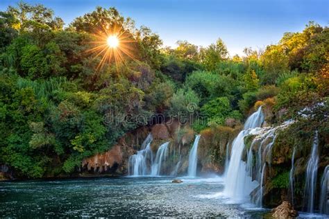 Amazing Nature Landscape Famous Waterfall Skradinski Buk At Sunrise