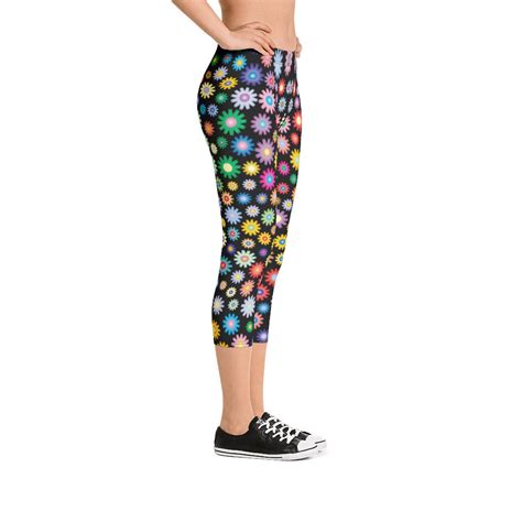 capri leggings yoga pants floral print womens boho flowers daiseys colorful ladies gym workout