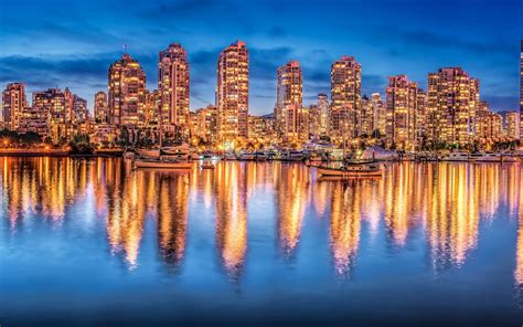 Vancouver Kanada Nacht Stadt Lichter Gebäude Yachten Wasser