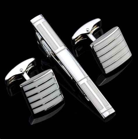 Pearl Chrome Tie Bar And Cuff Links Set Mens Tie Bars Multi Color