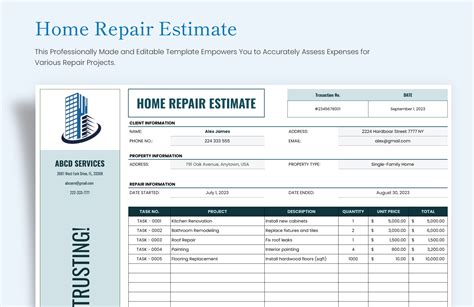 Home Repair Estimate Template Download In Excel Google Sheets Template Net