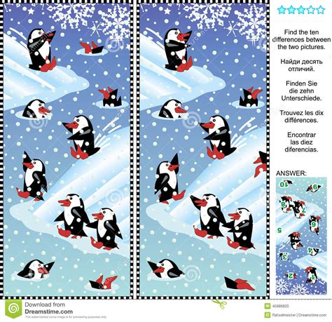 Find The Differences Visual Puzzle Playful Penguins Stock Vector