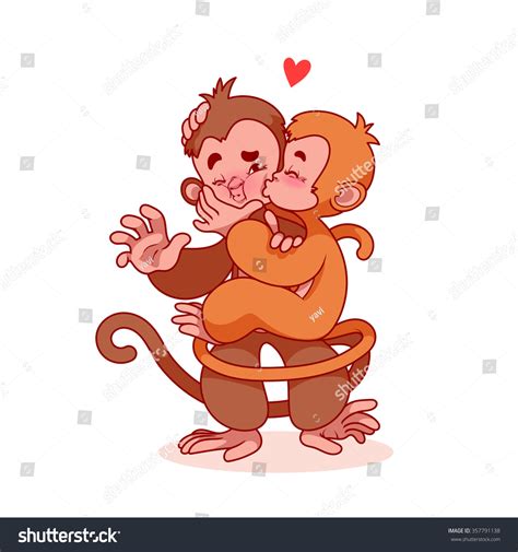 Two Lovers Monkeys Kissing Cute Cartoon Character For Greeting Card