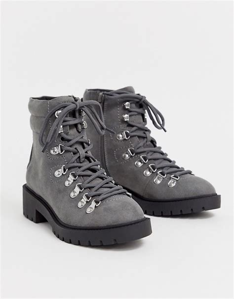 new look lace detail chunky flat hiker boots in mid grey asos core wardrobe western outfits
