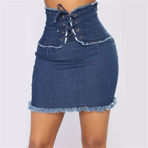 High Waist Drawstring Mini Sexy Women Denim Skirts 2018 Package Hip Denim Skirt Lace Up Skinny