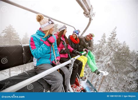Skiers In Ski Lift Going To Skiing Stock Image Image Of Background Horizontal