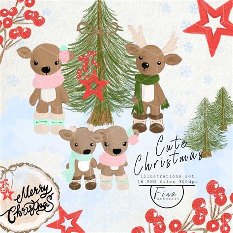 Cute Christmas Clipart Winter Scene Clipart Deer Clipart Etsy