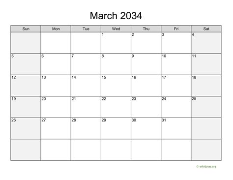 March 2034 Calendar With Weekend Shaded