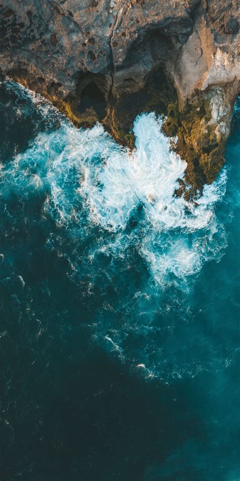 Download 1080x2160 Wallpaper Collide Sea Waves Coast Aerial View