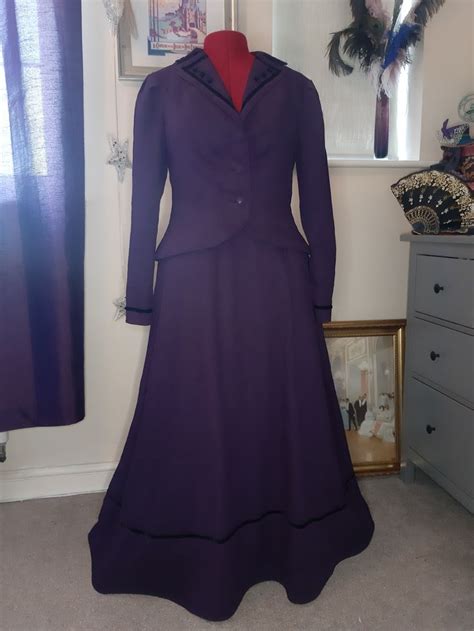 Plum Purple Linen Fitted Edwardian 1890s Outfit With Black Velvet