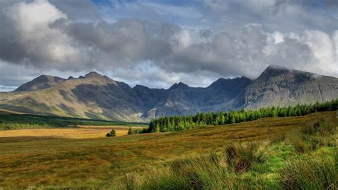 Scotland Scenery Sky Clouds Mountains Slope Trees Grass Wallpaper