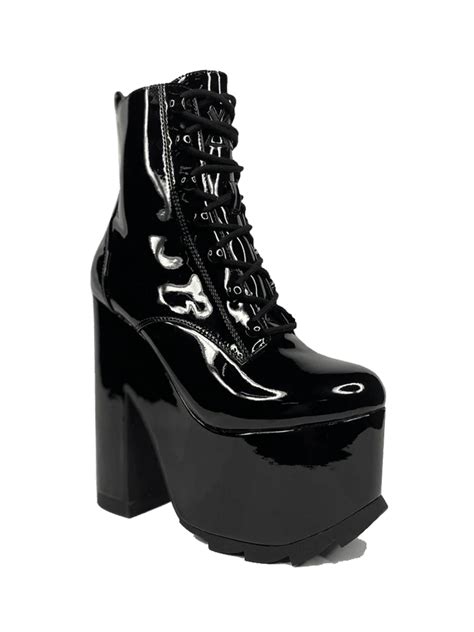 Night Terror Black Vegan Patent Leather 65 Heel Platform Boot Yru