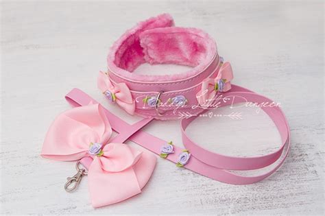 ddlg pretty pink furry bdsm bondage collar and leash set roses etsy