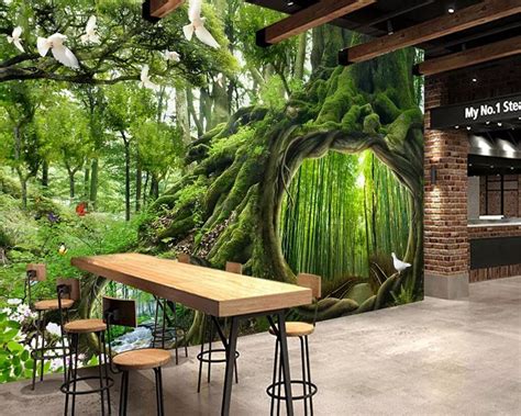 Beibehang Wallpaper Mural Green Tree Forest Waterfall Landscape Tv