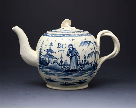 English antique creamware pottery teapot in underglaze blue dated 1777 ...