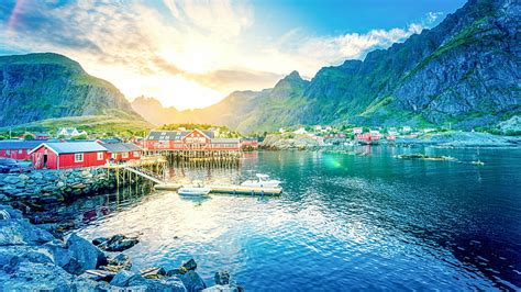 漁村、 観光名所、 風景、 水、 フィヨルド、 村、 荒野、 山、 空、 レーヌ、 反射、 自然、 赤い家、 昼間、 ノルウェー、 ヨーロッパ