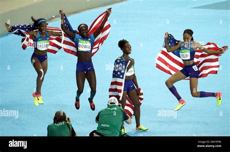 the united states team from left english gardner tori bowie tianna bartoletta and allyson