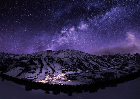 Stars Night Landscape Starry Night Mountain Snow Long Exposure Town
