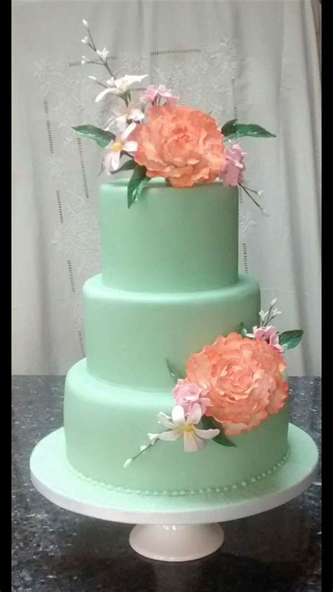 Mint Green And Peach Wedding Cake With Sugar Flowers