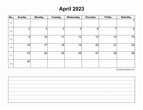 Download April 2023 Blank Calendar With Space For Notes Horizontal