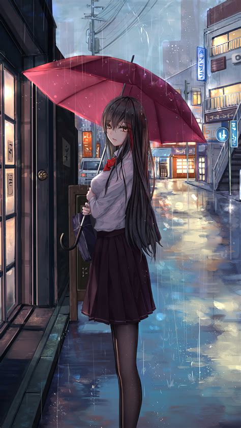 1440x2560 Anime Girl Rain Umbrella Looking At Viewer Samsung Galaxy S6