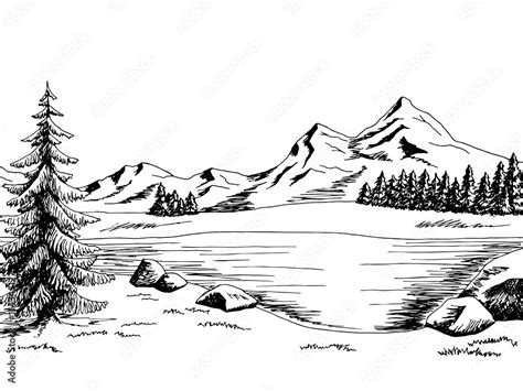 Mountain Lake Graphic Art Black White Landscape Illustration Vector