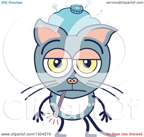 Clipart Of A Cartoon Sick Gray Cat Character With An Ice Pack And