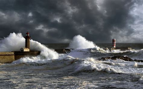 Sea Lighthouse Storm Landscape Ocean Waves Wallpapers Hd Desktop