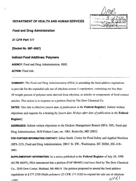 Us 21 Cfr Fda Regulation Part 1771520 Food And Drug Administration