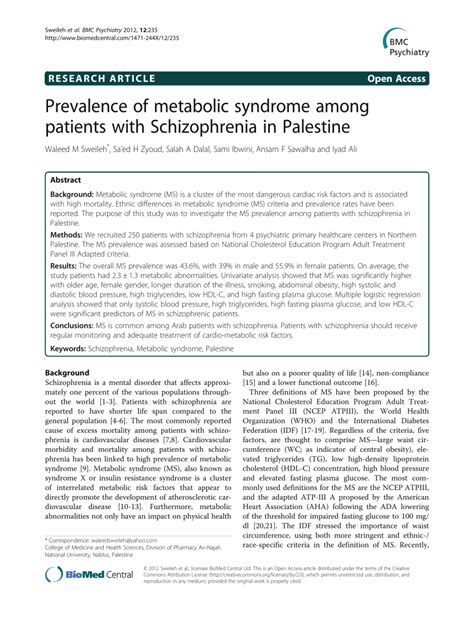 pdf prevalence of metabolic syndrome among patients with schizophrenia in palestine