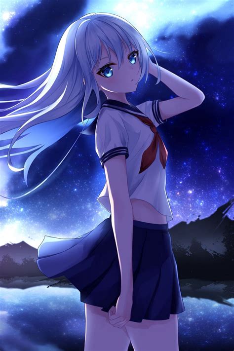 Download Wallpaper 800x1200 Girl Sailor Suit Night Anime Art Blue