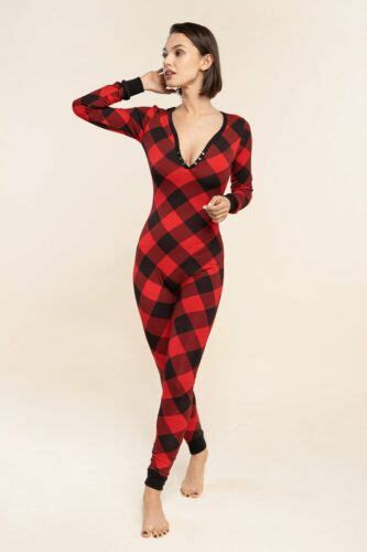 Sexy Pyjama Jumpsuit With Butt Flap Ladies Sleepsuit Onezee Black Red Checkered Ebay
