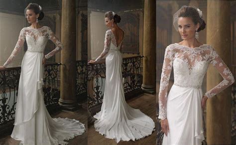 Round Neck Long Sleeve V Backless Lace Chiffon Elegant Wedding Dress