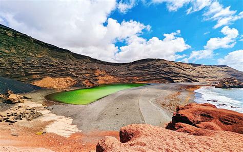 Emerald Green Lake Next To Azure Blue Sea In Lanzarote Stones Coast
